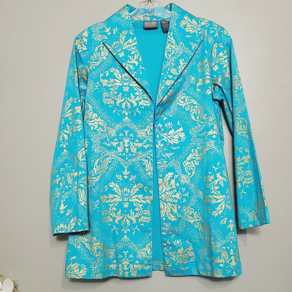Additions by Chico's Jacket Blazer Size Small 4 Teal Gold jacquard Print